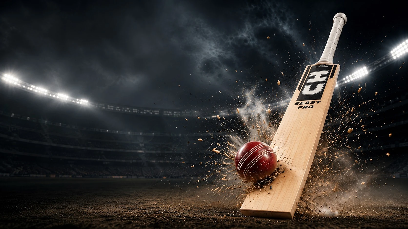 CH Beast Pro cricket bat striking a ball, stadium background